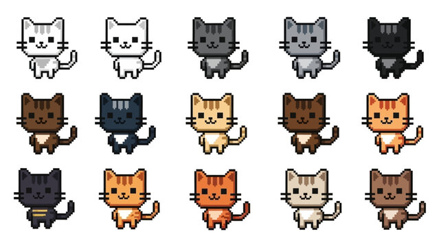Cute Pixel Art Cat Characters Set in Retro 8-Bit Game Style