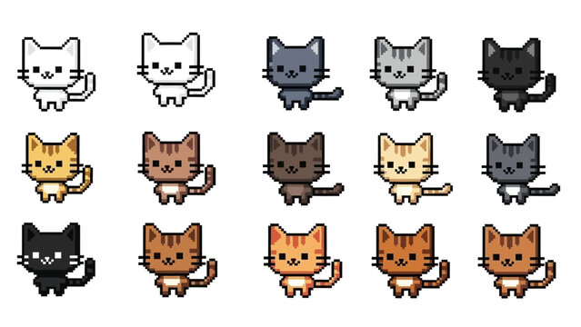 Pixel Art Cat Characters Collection in Cute Retro Style