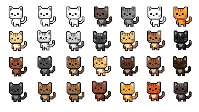 Pixel Art Cat Characters Set in Retro 8-Bit Style
