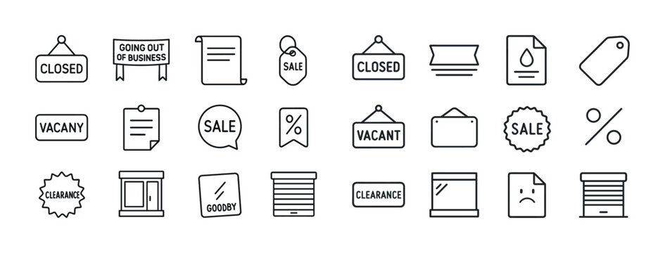 Black and white business closure and sale icon set featuring signs and labels