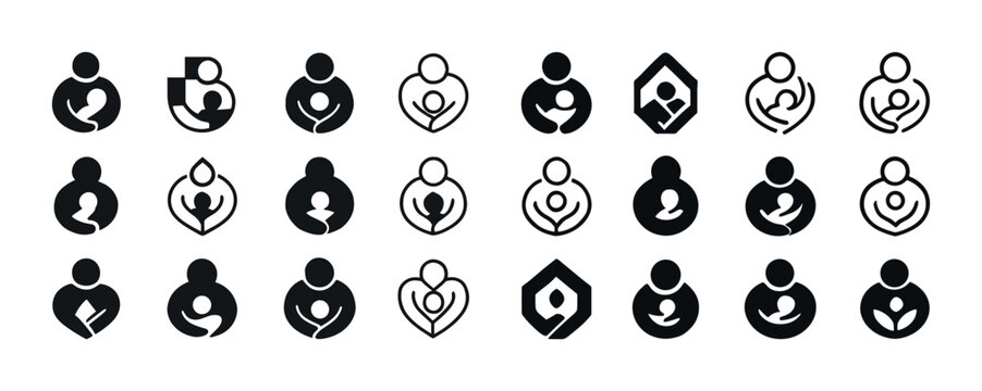 Collection of creative family and parenthood icons in black and white