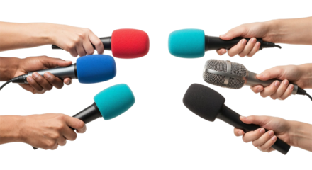 Multiple hands holding microphones on white or transparent background for interview press conference and media concepts.