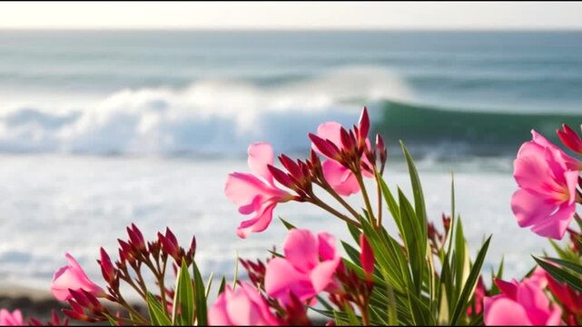 Pink Oleander Flowers Near Ocean Waves.