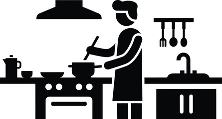 Stylized black silhouette icon depicting a professional chef actively cooking food in a modern kitchen setting near a sink and stove
