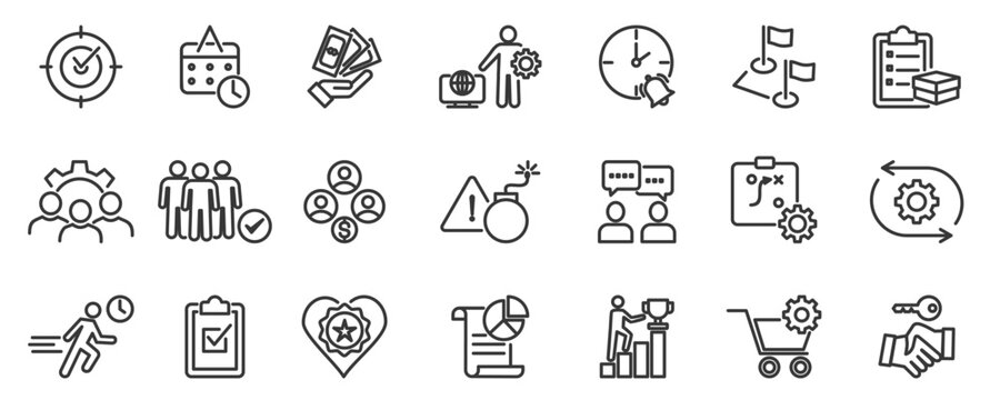 project management vector illustration concept with icon of human resources, risk, scope, cost, communication, time, procurement and project management universe icon set