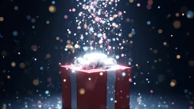 A beautifully rendered red gift box, elegantly tied with a shimmering silver ribbon and bow, sits illuminated against a captivating dark background adorned with soft, out-of-focus bokeh lights. A dyna
