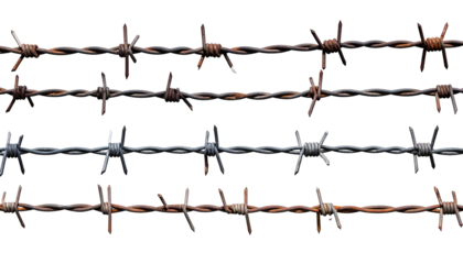 Close-up of rusty, sharp, metallic strands of barbed wire against a black backdrop