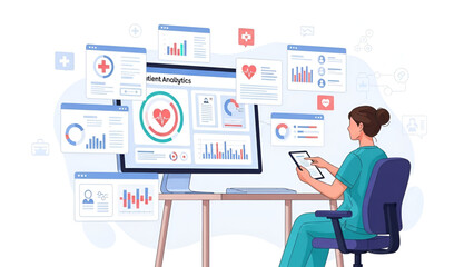 Healthcare patient analytics dashboard showing medical data charts digital hospital technology for doctor nurse clinic research marketing training and health business promotion