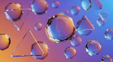 Collection of shiny geometric shapes suspended in mid air against a vibrant gradient background