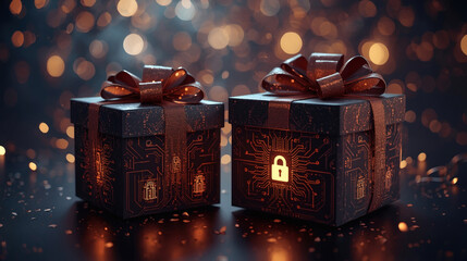 High Tech Birthday Gifts with Cyber Security Packaging, Digital Protection, Glowing Futuristic Holiday Gift Concept
