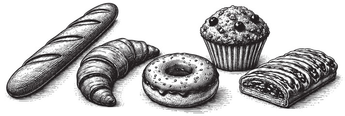 A detailed black and white etching of a variety of delicious baked goods including a baguette, croissant, donut, muffin, and strudel, perfect for bakery branding or culinary design.