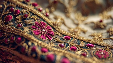 Close-up on traditional Pakistani embroidery detail on luxurious fabric macro shot textile industry theme in Pakistan