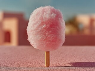 Fluffy pink cotton candy on a wooden stick standing on a textured pink surface with soft focus buildings and blue sky in background Generative AI