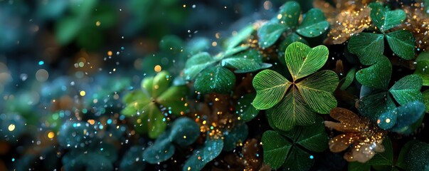 Close-up of glowing green clovers with magical sparkles and bokeh lights in a dark enchanted forest atmosphere Generative AI