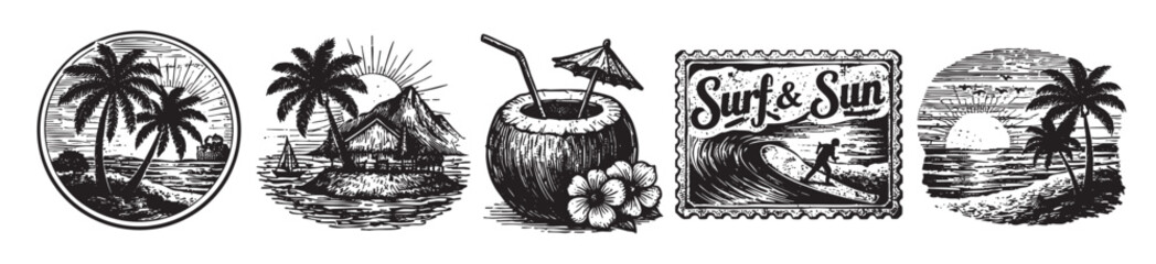 Obraz premium A collection of black and white vintage-style illustrations featuring tropical scenes, palm trees, surfboards, coconuts, and beach elements, evoking a retro summer vacation mood.
