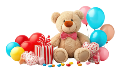Celebrate valentine's day with teddy bear, gifts, and balloons