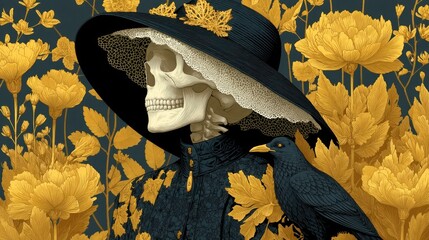 Victorian skeleton in black hat and lace surrounded by golden flowers with a black crow perched on shoulder against dark background Generative AI