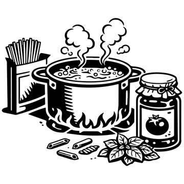 Boiling pasta with spaghetti pack and tomato paste vector line art, black and white illustration for engrave and laser engrave