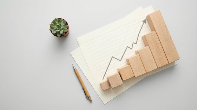 Wooden blocks arranged as an ascending bar chart illustrating financial success and planning on a clean white desk with a bright minimalist aesthetic. - Powered by Adobe