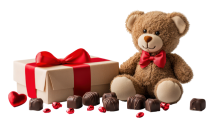 Valentine's day gift bear with chocolate box on transparent background
