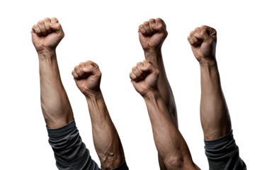 Four raised fists in unison