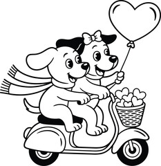 Naklejka premium Cartoon Dog Couple on Scooter Vector ? Cute Black and White Illustration with Heart Balloon for Love, Travel, and Friendship Themes