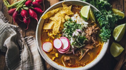 Pozole Bowl An inviting overhead shot of a steaming bowl of pozole with all the garnishes radish lettuce lime homely and comforting feel in Mexico
