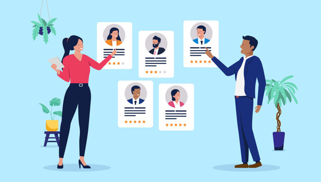 Professional recruiters reviewing job candidate profiles and star ratings to manage the company hiring process and talent acquisition in a modern flat design vector illustration with office plants