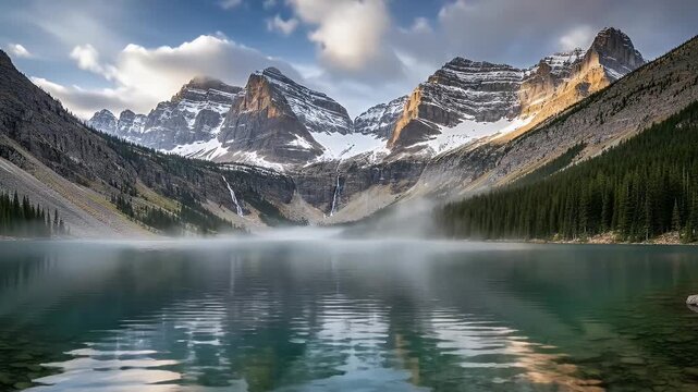 A breathtaking panoramic view captures the pristine majesty of a mountainous wilderness. Snow-capped peaks rise dramatically against a partly cloudy sky, their rugged slopes reflected with stunning cl