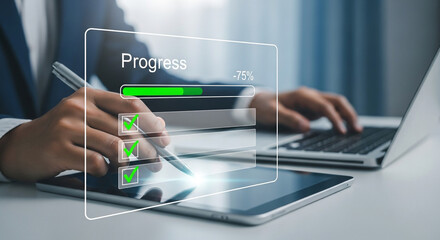 Businessman working efficiently with laptop and tablet in modern office