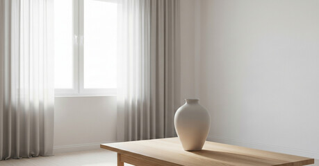 Minimalist Scandinavian living room interior with bright sunlight focusing on a single empty ceramic vase on a light oak coffee table