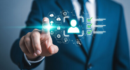 Fototapeta premium Businessman interacting with futuristic digital interface for secure data management