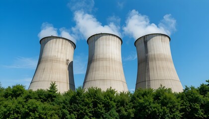 Cooling towers emitting steam at industrial power plant