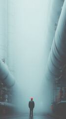 Lonely engineer in red helmet stands between industrial tanks in fog, scale, safety, industry, perspective, control, risk.
