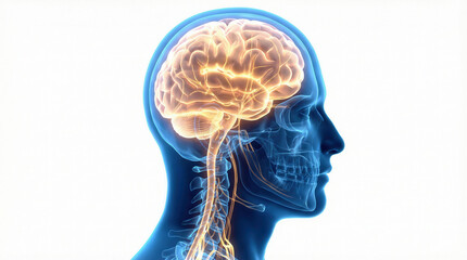 Human brain and nervous system visible inside translucent head side profile