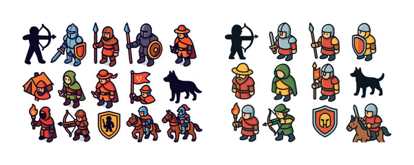 Naklejka premium Medieval knight characters and icons set with archers, dogs, shields, and swords