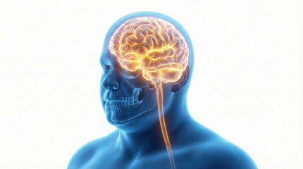 Male head anatomy with glowing brain and spinal cord highlighted in translucent skull