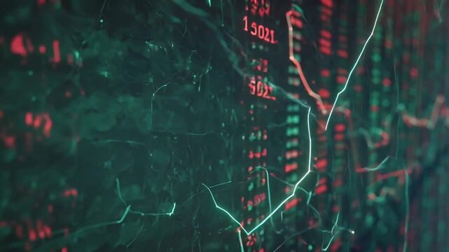 Futuristic quantum stock market animation, 4K, floating translucent spheres cubes stocks, interconnected by flowing neon light streams of red green numbers, holographic numeric explosions on price