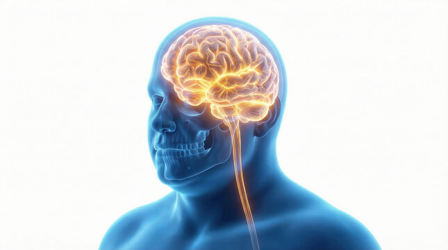 Male head anatomy with glowing brain and spinal cord highlighted in translucent skull - Powered by Adobe