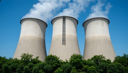 Industrial cooling towers emitting steam into clear blue sky