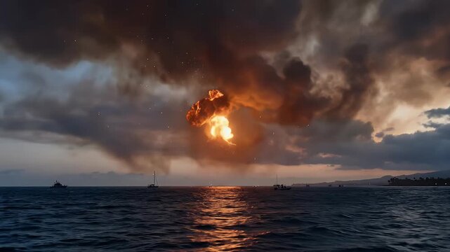 A breathtaking wide shot captures a powerful, fiery explosion erupting dramatically in the vast, cloudy sky above a serene ocean. The intense orange and yellow flames illuminate dense, ominous storm c