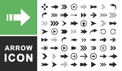 Arrows icon set. Collection of arrows for web design, interface, mobile applications. Modern simple arrows. Site and player control buttons. Information signs. Pathfinding directions. Vector