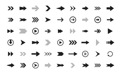 Arrows icon set. Collection of arrows for web design, interface, mobile applications. Modern simple arrows. Site and player control buttons. Information signs. Pathfinding directions. Vector