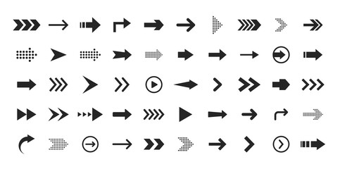 Arrows icon set. Collection of arrows for web design, interface, mobile applications. Modern simple arrows. Site and player control buttons. Information signs. Pathfinding directions. Vector