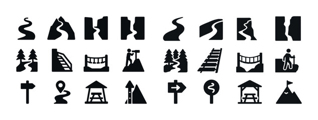 Collection of hiking and trekking trail icons with mountains and signs