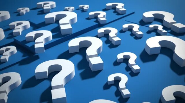 Many white question mark symbols scattered on blue background in perspective view with doubt and uncertainty and confusion and sign and animation