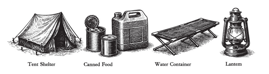 Fototapeta premium A detailed black and white illustration of essential vintage camping equipment including a tent, canned food, water container, and lantern, perfect for survival or outdoor themes.