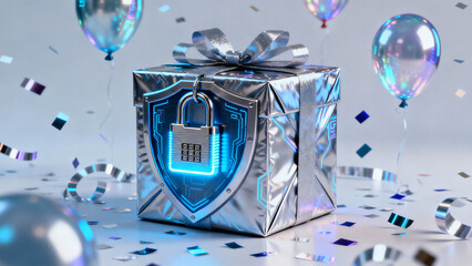 Silver Gift Box with Digital Padlock Shield for Secure Online Shopping Concept