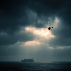 drone and cargo ship facing each other against stormy horizon