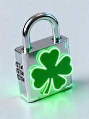 Cyber Security Lock with Green Neon Clover Leaf for Luck and Safety Concept